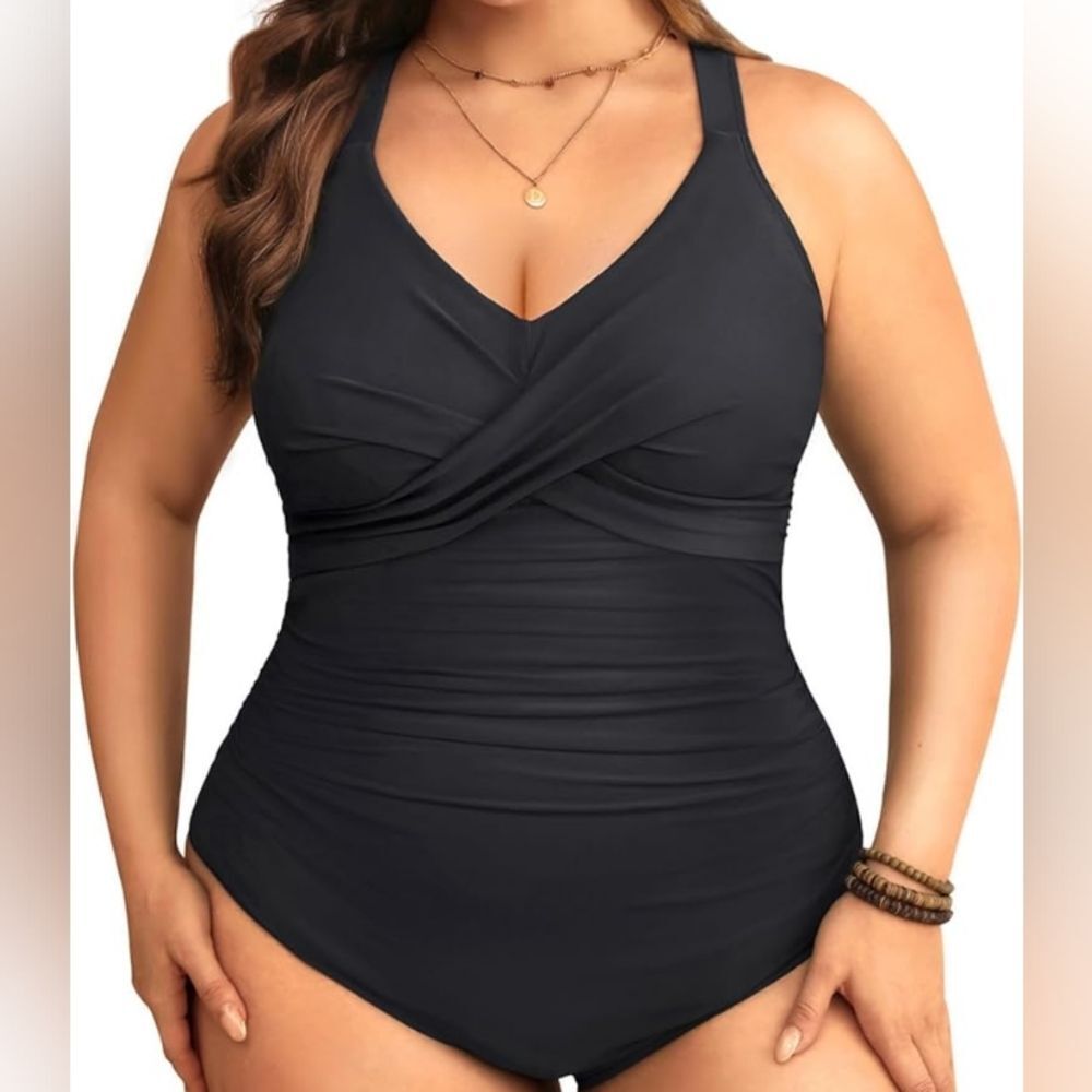 Aqua Eve Black Retro One Piece Full Coverage Tummy Control Swimsuit Size 22W